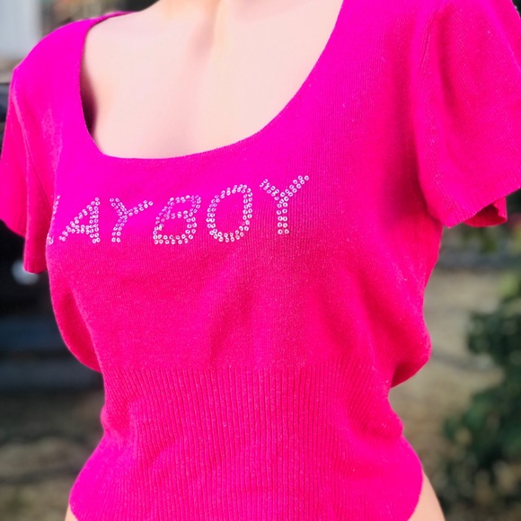 Playboy bunny sweater top Pink retro Dollbaby shirt sexy cap sleeve crop Y2K vtg - Picture 3 of 9